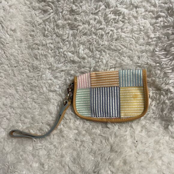 Dooney & Bourke pastel multi color Striped Wristlet tan leather strap. - Picture 3 of 7